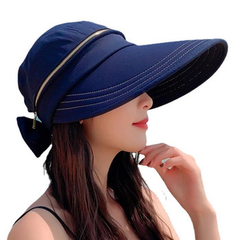 Лятна дамска шапка с празна горна шапка с конска опашка и широка периферия с анти-UV бантик Плажна шапка Дамска сгъваема украса с цип Слънцезащитни шапки за пътуване
