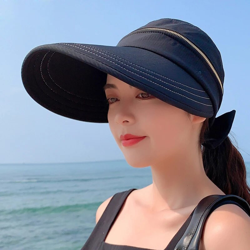 Ljetna ženska kapa s praznim vrhom s konjskim repom i širokim obodom, anti-UV šešir s mašnom za plažu, ženski sklopivi ukras s patentnim zatvaračem, putne kape za sunčanje
