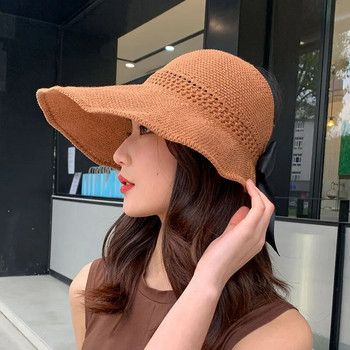 Καλοκαιρινό ψάθινο καπέλο για γυναίκες Κορεάτικα καπέλα με φιόγκο με άδειο επάνω μέρος για τον ήλιο Πτυσσόμενη προστασία από την υπεριώδη ακτινοβολία Φαρδύ γείσο Γυναικεία καλύμματα προσωπίδας παραλίας
