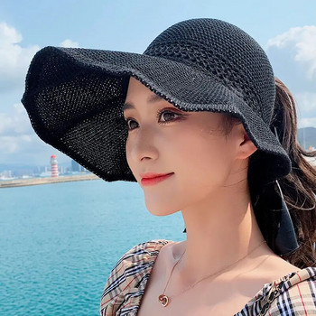 Καλοκαιρινό ψάθινο καπέλο για γυναίκες Κορεάτικα καπέλα με φιόγκο με άδειο επάνω μέρος για τον ήλιο Πτυσσόμενη προστασία από την υπεριώδη ακτινοβολία Φαρδύ γείσο Γυναικεία καλύμματα προσωπίδας παραλίας