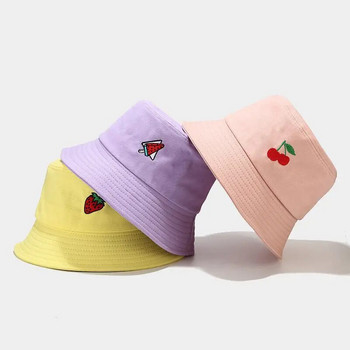 Χαριτωμένα γράμματα κέντημα φράουλα κορίτσι ψαράς καπέλο Γυναικείο πτυσσόμενο δημιουργικό καπέλο μόδας εξωτερικού χώρου κουβάς καπέλο για ήλιο