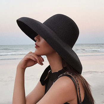 Хепбърн Винтидж сламена шапка Лятна шапка с козирка за слънце с широка периферия за жени Панамски едноцветни плажни женски шапки с кофа