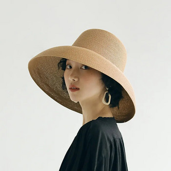 Хепбърн Винтидж сламена шапка Лятна шапка с козирка за слънце с широка периферия за жени Панамски едноцветни плажни женски шапки с кофа