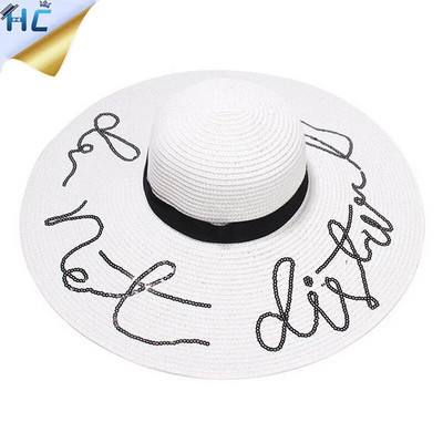 Didelės plačių kraštų skrybėlės blizgučiai su raštu netrukdykite šiaudinės skrybėlės nuo saulės Moteriškos mados Moteriškos vasaros kepurės Moteriškos paplūdimio kepurės