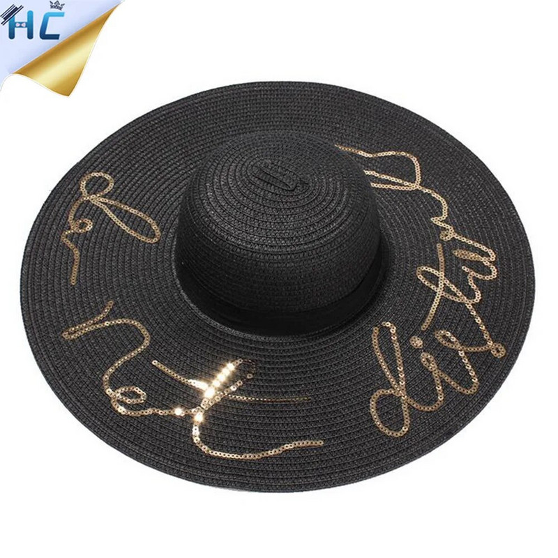 Didelės plačių kraštų skrybėlės blizgučiai su raštu netrukdykite šiaudinės skrybėlės nuo saulės Moteriškos mados Moteriškos vasaros kepurės Moteriškos paplūdimio kepurės