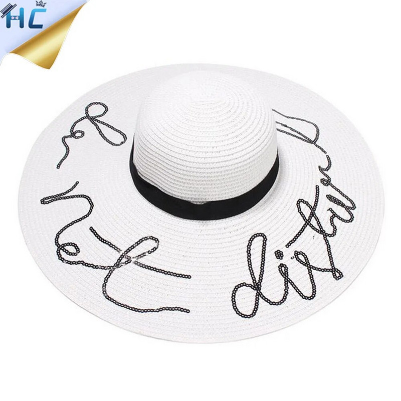 Didelės plačių kraštų skrybėlės blizgučiai su raštu netrukdykite šiaudinės skrybėlės nuo saulės Moteriškos mados Moteriškos vasaros kepurės Moteriškos paplūdimio kepurės