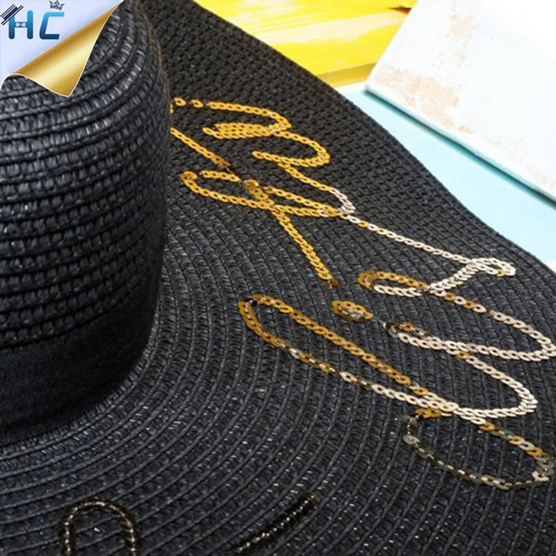 Didelės plačių kraštų skrybėlės blizgučiai su raštu netrukdykite šiaudinės skrybėlės nuo saulės Moteriškos mados Moteriškos vasaros kepurės Moteriškos paplūdimio kepurės