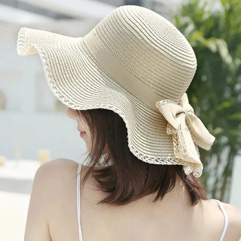Ανοιξιάτικο και Καλοκαίρι Γυναικείο Ψάθινο Καπέλο Ήλιου Καπέλο μπαμπού με σκιά με μεγάλο γείσο με παπιγιόν γυναικείο καπέλο ψαρά για εξωτερικούς χώρους 2024