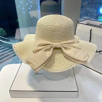 Ανοιξιάτικο και Καλοκαίρι Γυναικείο Ψάθινο Καπέλο Ήλιου Καπέλο μπαμπού με σκιά με μεγάλο γείσο με παπιγιόν γυναικείο καπέλο ψαρά για εξωτερικούς χώρους 2024