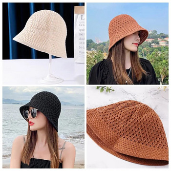 Плетена на една кука флопи топ летни шапки сгъваема куполна шапка с кофа Едноцветни плажни шапки Простота Меки дамски слънцезащитни шапки