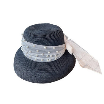 Винтидж шапка със сенник, дамска празнична шапка в стил Хепбърн, елегантен перлен лък, темперамент, лятна сламена шапка, модна анти-UV плажна шапка