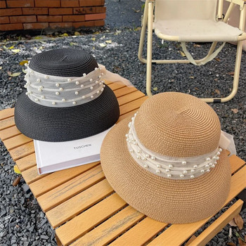 Vintage SunShade καπέλο Γυναικείο στυλ Hepburn Holiday Κομψό μαργαριταρένιο φιόγκο Ιδιοσυγκρασία Καλοκαιρινό ψάθινο καπέλο Μόδα Anti-UV Καπέλο παραλίας