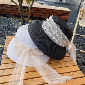 Винтидж шапка със сенник, дамска празнична шапка в стил Хепбърн, елегантен перлен лък, темперамент, лятна сламена шапка, модна анти-UV плажна шапка