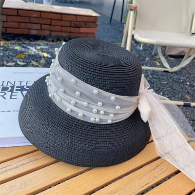 Vintage napernyős sapka női Hepburn stílusú ünnep Elegáns gyöngy masni temperamentum nyári szalmakalap divat anti-UV strandkalap