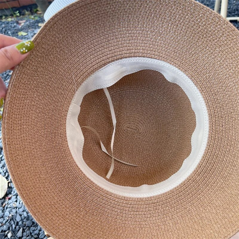 Vintage napernyős sapka női Hepburn stílusú ünnep Elegáns gyöngy masni temperamentum nyári szalmakalap divat anti-UV strandkalap