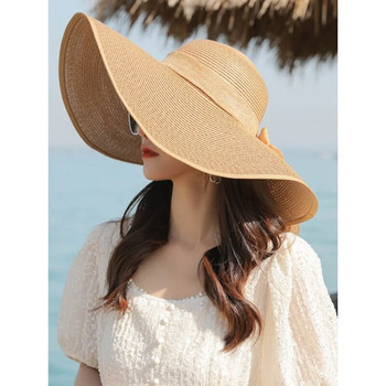 2023 Прост елегантен стил Лятна сламена шапка с голяма периферия Възрастни жени Момичета Модна слънчева шапка Голям лък Лятна плажна шапка Плажна шапка