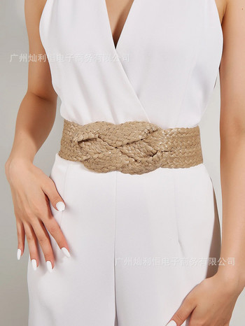 Европейски стил Еластичен широк колан Дамски универсален ръчно тъкан колан за рокля Камилски цвят Лен Тъкан PP сламен колан Плажен стил