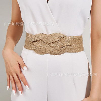 Европейски стил Еластичен широк колан Дамски универсален ръчно тъкан колан за рокля Камилски цвят Лен Тъкан PP сламен колан Плажен стил