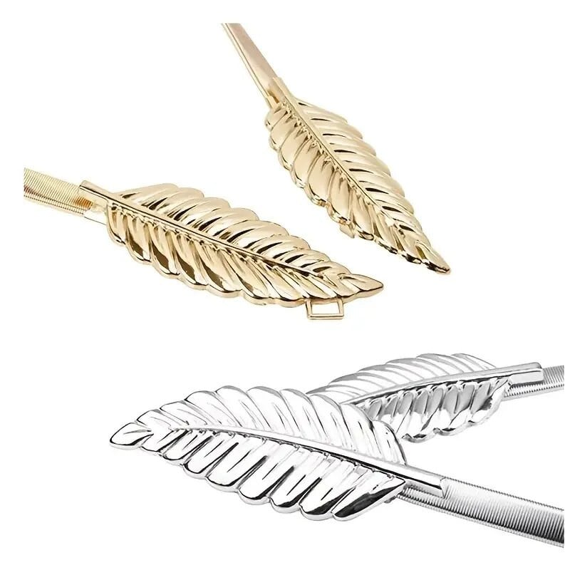 Ženski metalni elastični remen Skinny Stretch Leaf Vintage Tanki remen oko struka za traperice, srebrno-zlatni
