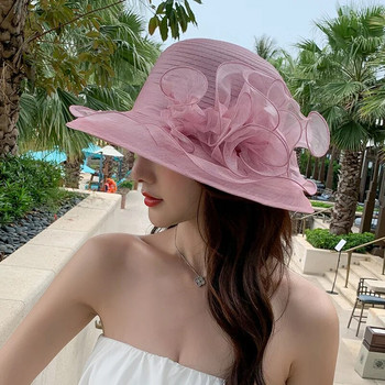 2023 Нова лятна широкопола шапка-кофа за жени Елегантни цветя от органза Слънчеви шапки Дамски кентъки дерби Шапки за сватбено парти