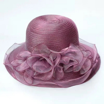 2023 Νέο Καλοκαιρινό καπέλο με φαρδύ γείσο για γυναίκες Κομψά καπέλα ηλίου με λουλούδια Organza Γυναικεία καπέλα φόρεμα για νυφικό Kentucky Derby