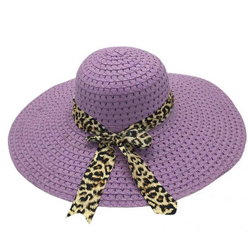 Όμορφο ψάθινο καπέλο Anti-UV Άνετο ντεκόρ λεοπάρ παπιγιόν με φαρδύ γείσο Γυναικείο καπέλο παραλίας Αξεσουάρ μόδας για καπέλο παραλίας