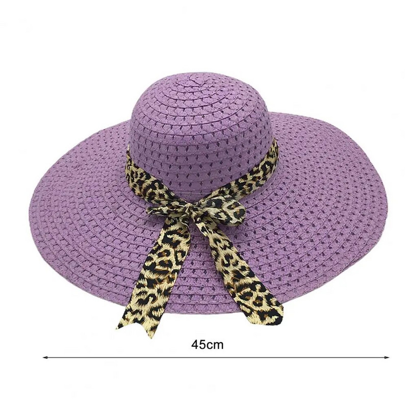 Graži šiaudinė skrybėlė, apsauganti nuo UV spindulių, patogi leopardo lanko puošmena, plataus krašto moteriška paplūdimio skrybėlė, kvėpuojanti paplūdimio skrybėlė, madingi aksesuarai