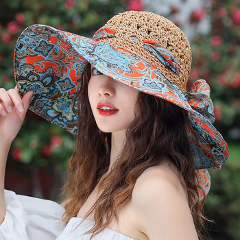 2023 НОВА Дамска лятна кофа, сгъваема модна сламена шапка Панама UV защита Козирка за слънце Морска плажна шапка Прилив Летни шапки