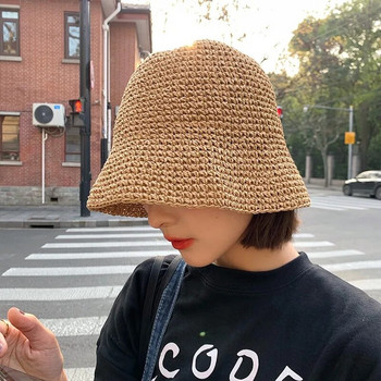 Плажна корейска сламена шапка Лятна дамска козирка Шапка с кофа Рибарска шапка Ръчно тъкане Панама Момиче Риболовна шапка Слънчеви шапки за жени