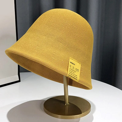 Pălărie de găleată tricotată respirabilă, din bumbac, pentru femei, cu etichetă de pânză, pălărie de pescar, șapcă de bazin de protecție solară, pălărie de vară