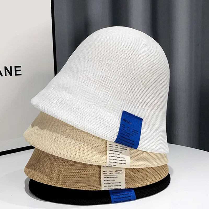 Pălărie de găleată tricotată respirabilă, din bumbac, pentru femei, cu etichetă de pânză, pălărie de pescar, șapcă de bazin de protecție solară, pălărie de vară