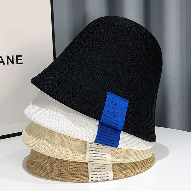 Pălărie de găleată tricotată respirabilă, din bumbac, pentru femei, cu etichetă de pânză, pălărie de pescar, șapcă de bazin de protecție solară, pălărie de vară