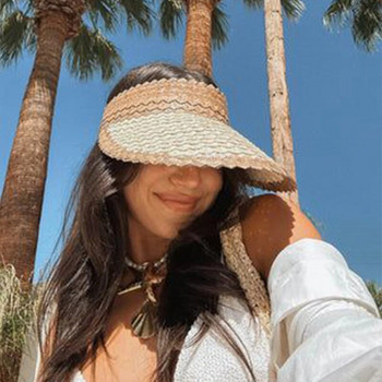 Πτυσσόμενο ψάθινο καπέλο Γυναικείο ρολό αντηλιακό με φαρδύ γείσο Καπέλα προστασίας από υπεριώδη ακτινοβολία Καπέλο ταξιδιού Μπόνε παραλίας Χειροποίητο ψάθινο καπέλο αλογοουράς