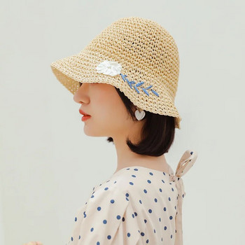 Дамски сламени шапки Ръчно плетена шапка с кофа през лятото Сгъваема плажна шапка за слънце Панама шапка