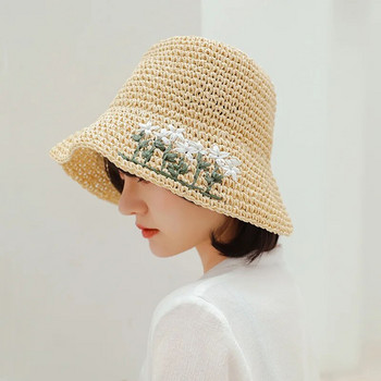 Γυναικεία ψάθινα καπέλα Χειροποίητο καπέλο κουβά με βελονάκι σε καλοκαιρινό πτυσσόμενο καπέλο ηλίου παραλίας Panama Καπέλο