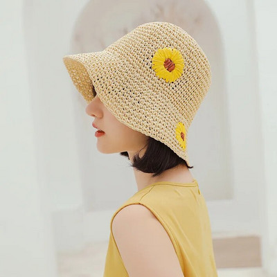 Moteriškos šiaudinės skrybėlės Rankomis austos nertos kibiro kepurė vasaros sulankstoma lauko paplūdimio kepurė nuo saulės Panamos kepurė