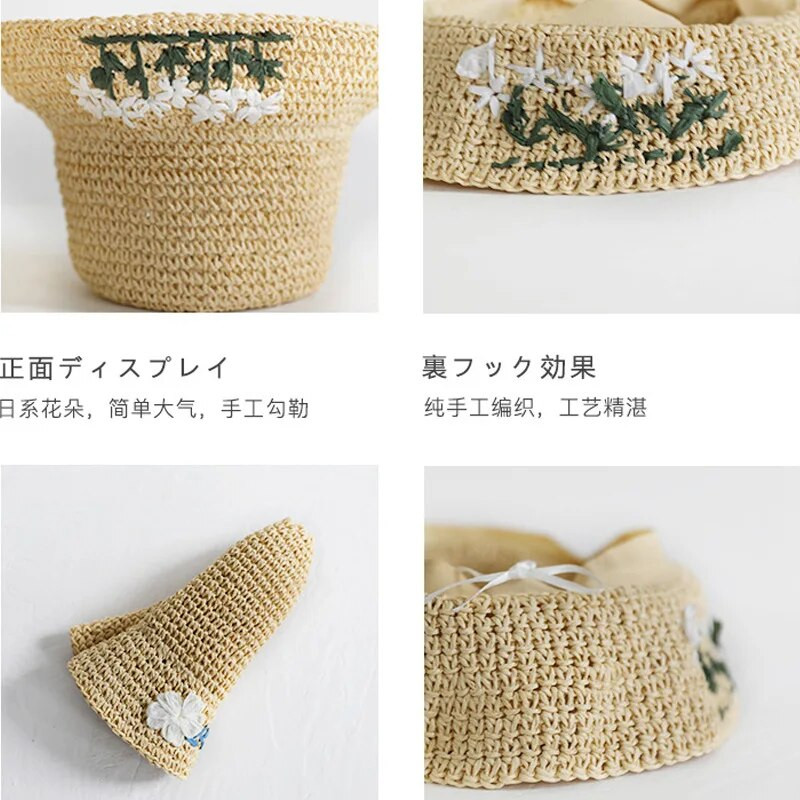 Moteriškos šiaudinės skrybėlės Rankomis austos nertos kibiro kepurė vasaros sulankstoma lauko paplūdimio kepurė nuo saulės Panamos kepurė