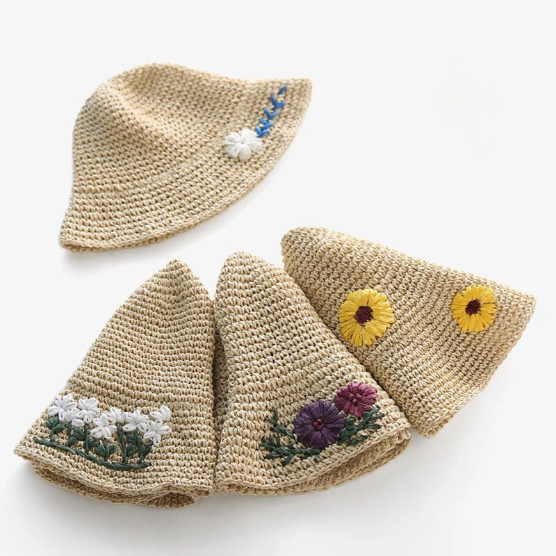 Moteriškos šiaudinės skrybėlės Rankomis austos nertos kibiro kepurė vasaros sulankstoma lauko paplūdimio kepurė nuo saulės Panamos kepurė