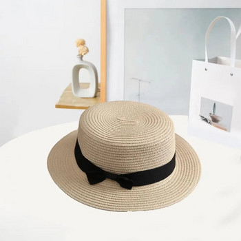 Слънчева шапка с панделка Декор Плосък купол Сламена шапка Сгъваема тънка дамска широка периферия Слънцезащитна шапка с кофа Модни аксесоари