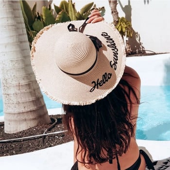 Ръчно изработени плетени слънчеви шапки с букви за жени Черна лента с дантела с голяма периферия Сламена шапка Външна плажна шапка Летни шапки