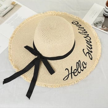 Ръчно изработени плетени слънчеви шапки с букви за жени Черна лента с дантела с голяма периферия Сламена шапка Външна плажна шапка Летни шапки