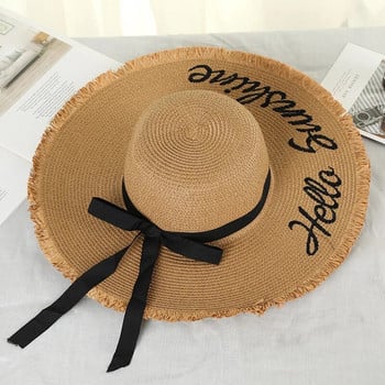 Χειροποίητα ύφαντα καπέλα ηλίου για γυναίκες Μαύρη κορδέλα με κορδέλα ψηλά Ψάθινο καπέλο εξωτερικού χώρου Καλοκαιρινό καπέλο παραλίας