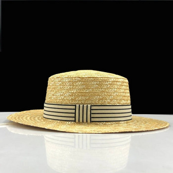 Απλό Ψάθινο Καλοκαιρινό Γυναικείο Καπέλο Παραλία Boater για Κομψό Γυναικείο Βασίλισσα Μόδα παπιγιόν Στρογγυλό επάνω Flat Homburg Καπέλα Fedora