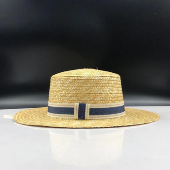 Απλό Ψάθινο Καλοκαιρινό Γυναικείο Καπέλο Παραλία Boater για Κομψό Γυναικείο Βασίλισσα Μόδα παπιγιόν Στρογγυλό επάνω Flat Homburg Καπέλα Fedora
