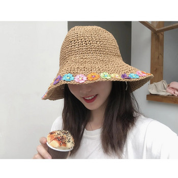 Нова лятна слънчева шапка Дамска сламена шапка с кофа за плетене на една кука Дамска сгъваема панама шапка UV слънчева шапка Шапка с цветя за риболов Ваканционна плажна шапка