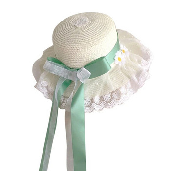 D0LF Classy Lolita Χειροποίητο ψάθινο καπέλο Bowknot Καπέλο Lolita Ταξιδιωτικό Καπέλο Ποιμενικό Καλοκαιρινό καπέλο ηλίου παραλίας Δώρο για την ημέρα του Αγίου Βαλεντίνου