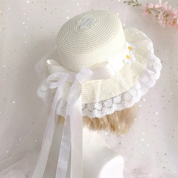D0LF Classy Lolita Χειροποίητο ψάθινο καπέλο Bowknot Καπέλο Lolita Ταξιδιωτικό Καπέλο Ποιμενικό Καλοκαιρινό καπέλο ηλίου παραλίας Δώρο για την ημέρα του Αγίου Βαλεντίνου