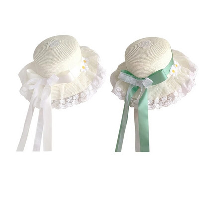 D0LF Klasikinė Lolita rankų darbo šiaudinė skrybėlė Bowknot Lolita Hat Kelioninė pastoracinė skrybėlė vasaros paplūdimio kepurė nuo saulės Dovana Valentino dienai