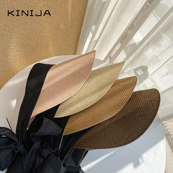 Летни слънчеви шапки Дамска мода Момиче Сламена шапка Панделка Плажна шапка с лък Ежедневна сламена празна горна панама Шапка Bone Feminino Harajuku Hat