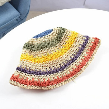 Нова многоцветна сгъваема слънчева плетена шапка в корейски стил за плаж, пътуване и ваканция, ръчно изработена сламена шапка